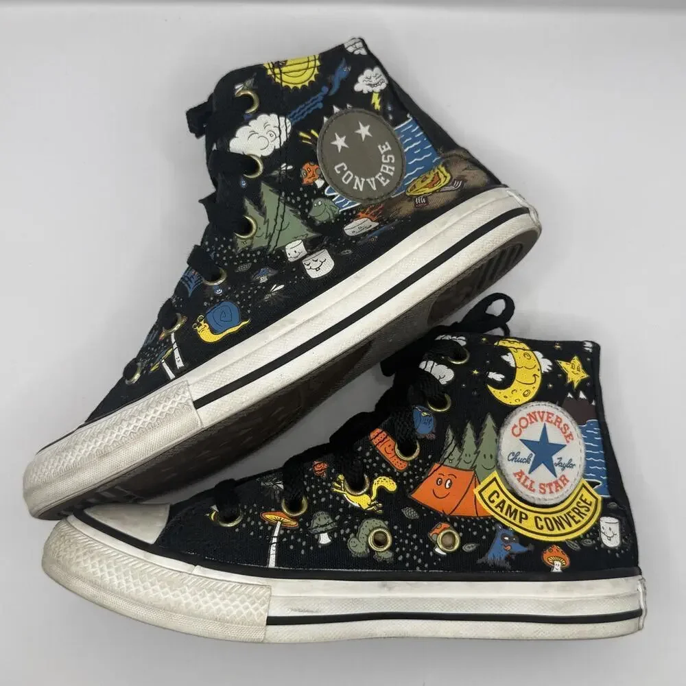 Camp Converse Kids Size 1.5 All Star Hi Tops Black Canvas Sneakers Lace Up Shoes